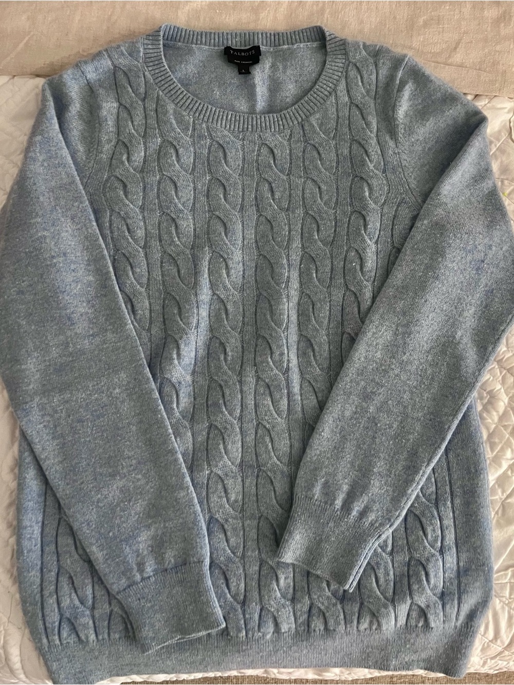 Women's Cashmere 100% Pale Blue Cable-Knit Crewneck Sweater
